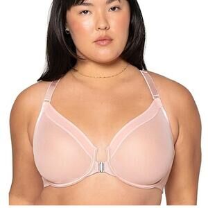 New Curvy Couture Womens 34H Pink Sheer Mesh Front-Close Racerback Unlined Bra